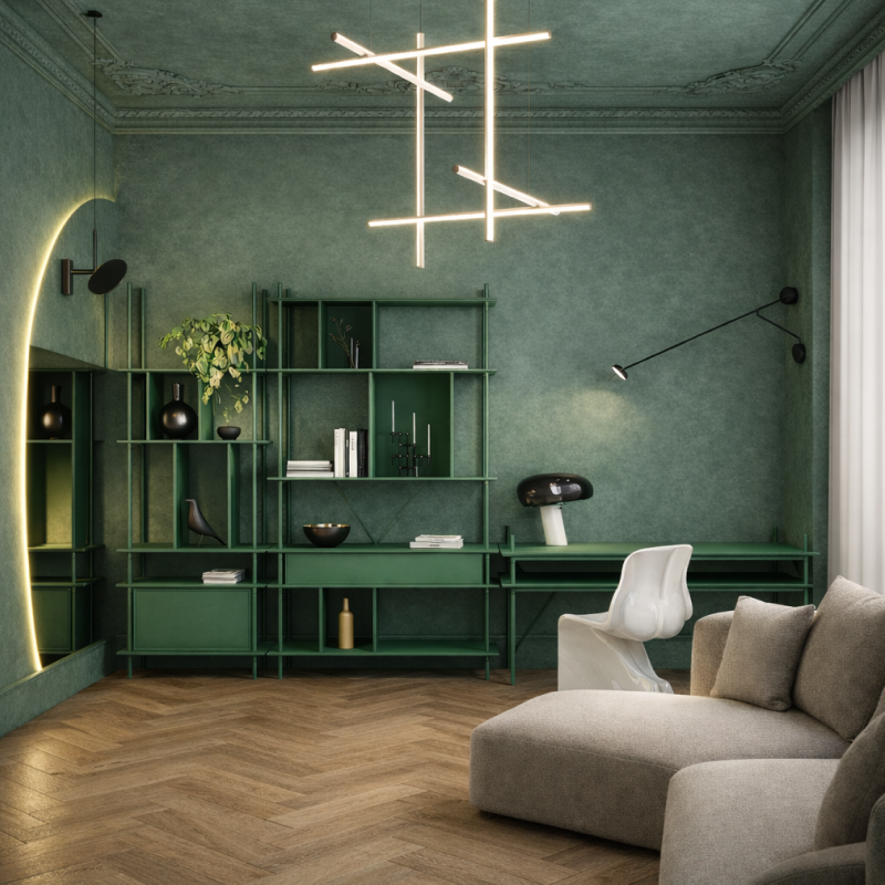 Zielony – regał modułowy mopanga wide 4 ze stali i MDF lakierowanego UV